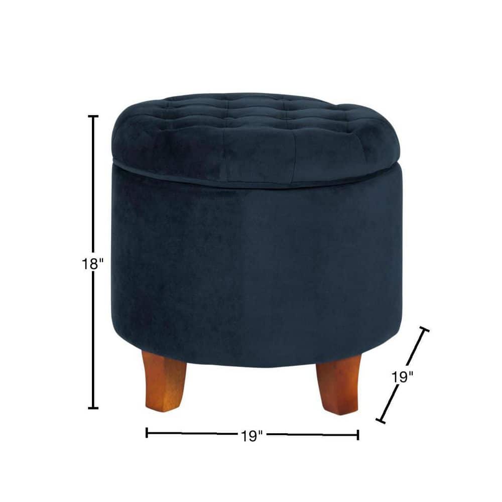 Navy Velvet Round Tufted Ottoman with Rustic Wood Legs