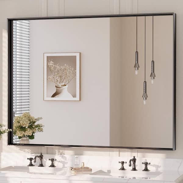 KeonJinn 48 in. W x 36 in. H Rectangular Framed Aluminum Square Corner Wall Mount Bathroom Vanity Mirror in Matte Black