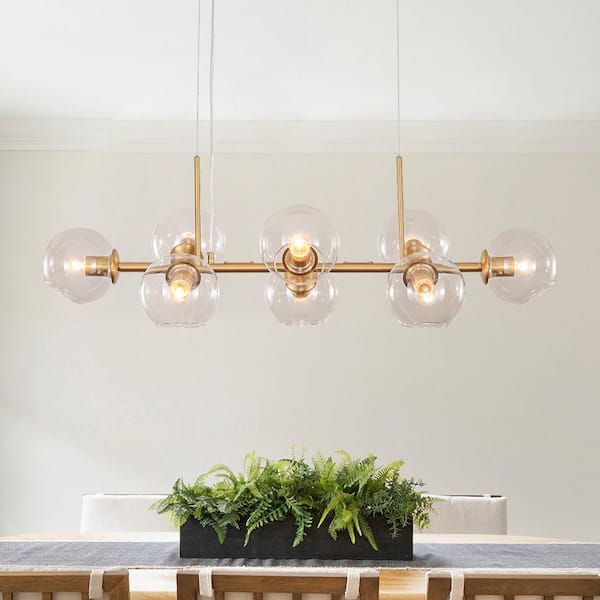 HUOKU REVERSO 8-Light 39.37 in. W Brass Chandelier with Clear Glass Linear Modern Chandelier for Kitchen Island