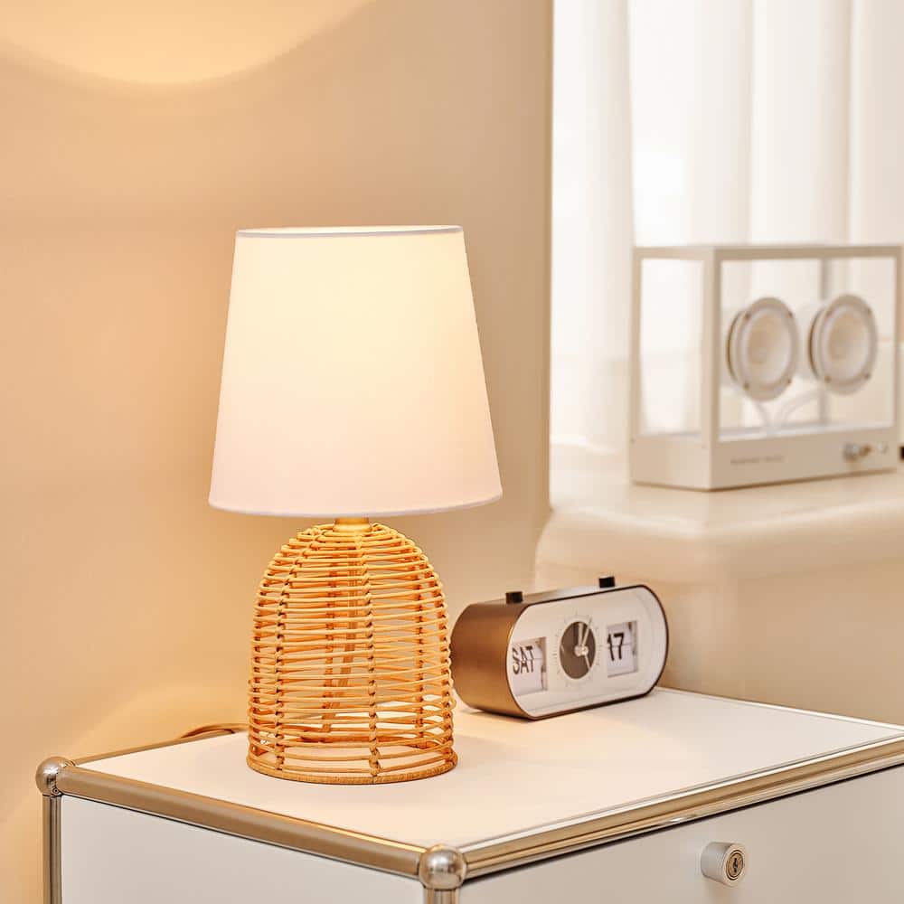 14" White Linen Shade Table Lamp with Rattan Base