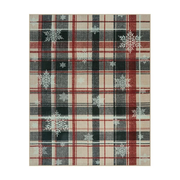 8 ft. x 10 ft. Christmas Farmhouse SnowFlake Rustic Plaid Washable Non Slip Living Room Bedroom Red and Black Area Rug