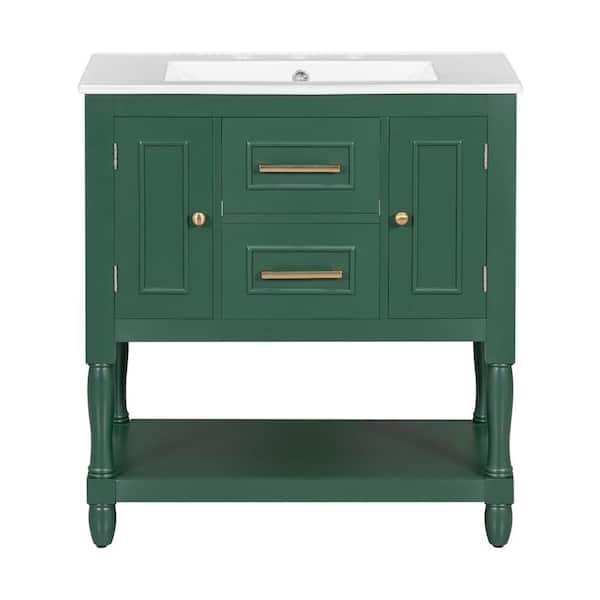 JimsMaison 30 in. W x 18.3 in. D x 32.5 in. H Single Sink Freestanding Bath Vanity Cabinet in Green with White Ceramic Top