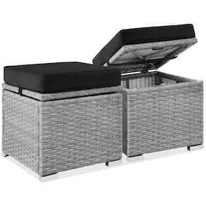 Grey Wicker Outdoor Ottomans Storage Box Footstool with Removable Black Cushions (2-Piece)