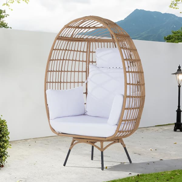 SANSTAR Patio Wicker Swivel Egg Chair, Oversized Indoor Outdoor Egg Chair, Brown Ratten White Cushions