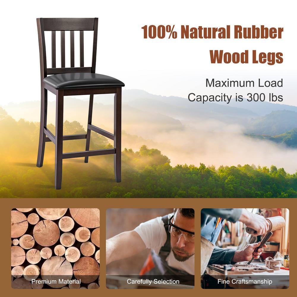 Elegant Espresso Wood Bar Stools with Cushioned PU Leather Seat, Set of 2