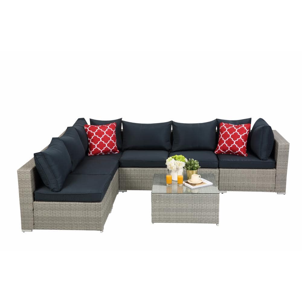 Gray 7-Piece PE Rattan Wicker Outdoor Sectional Sofa Sets with 2 Pillows Co