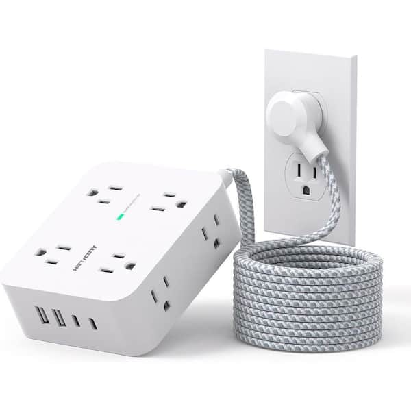 Ahfiwaso 8-Outlet Power Strip Surge Protector with 4-USB (2-USB C) and 15 ft. Braided Extension Cord Flat Plug in White
