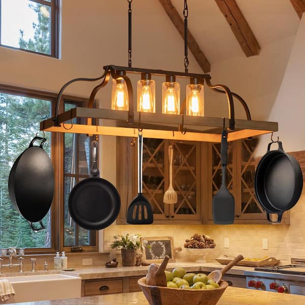 Noah 4-Light Wood Finish Pot Rack Chandelier Farmhouse Kitchen Island Dining Room Light Fixture