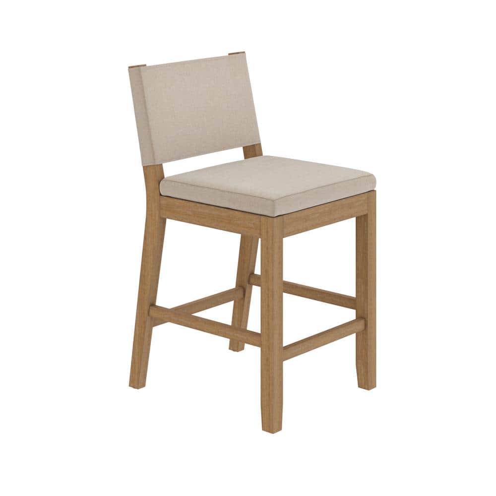 Linus Natural Flax Upholstered Counter Height Bar Stools with Rubberwood Legs, Set of 2