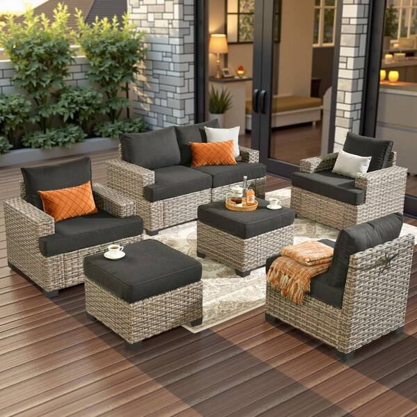 Silvae Gray 7-Piece Wicker Outdoor Patio Conversation Sectional Sofa Set with Black Cushion and 2 Ottomans for Backyard