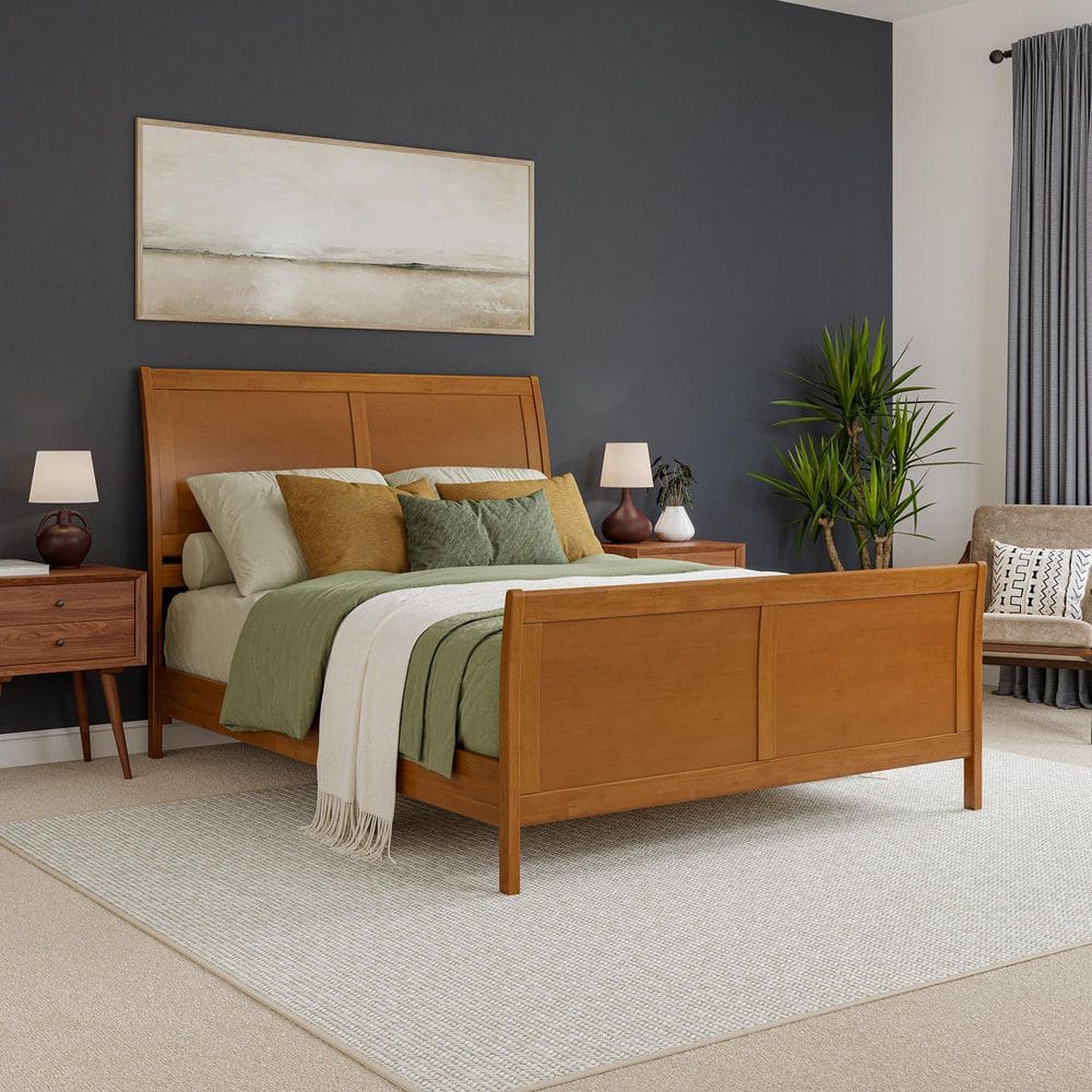 Valencia Light Toffee Natural Bronze Solid Wood Frame Queen Low Profile Sleigh Platform Bed with Matching Footboard -  AFI, AR897704T