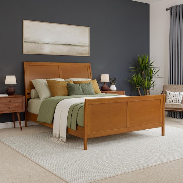 AFI Valencia Light Toffee Natural Bronze Solid Wood Frame Queen Low Profile Sleigh Platform Bed with Matching Footboard