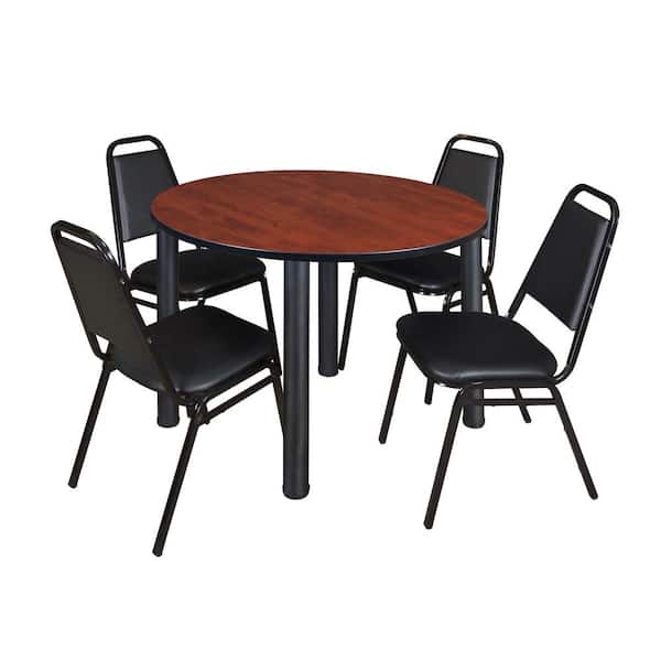 Regency Rumel 48 in.Round Cherry and Black Wood Breakroom Table and 4 Restaurant Stack Chairs (4-Capacity)