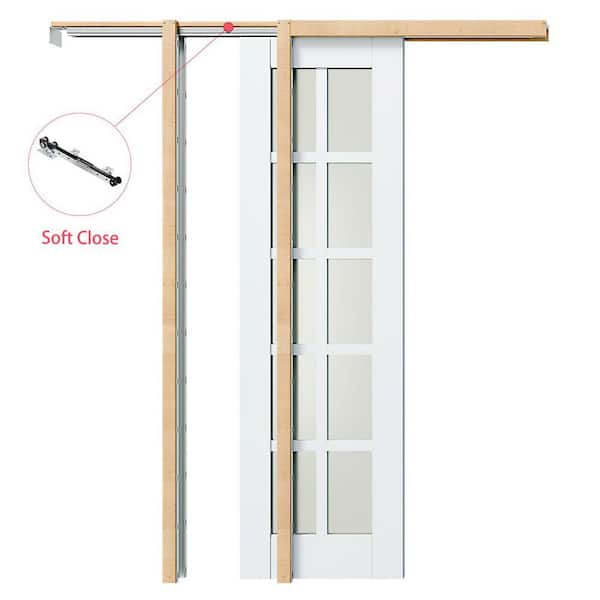 48 in. x 80 in. White Primed Solid Wood, 10 Lite Frosted Glass, Sliding Pocket Door with Soft Close, Frame and Hardware