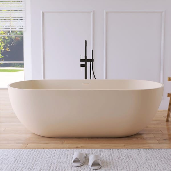 Ariana 69 in. x 30 in. Stone Resin Solid Surface Flatbottom Freestanding Soaking Bathtub in Cream