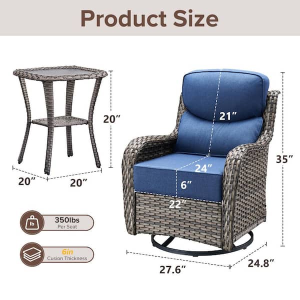 6 in Thicken Gray 3-Pieces Outdoor Patio Conversation Rocking Chair Swivel Glide with Table and Blue Cushions
