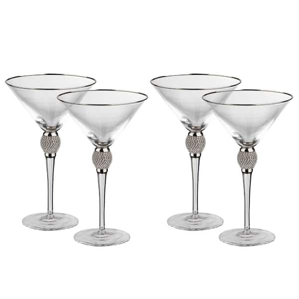 Elegant 10 oz. Martini Glasses with Diamond Rhinestone Accents and a Polished Silver Rim (Set of 4)