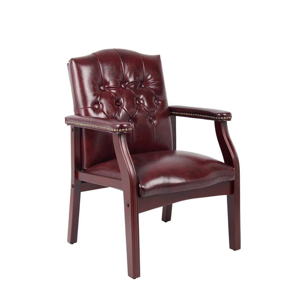 Oxblood Vinyl Traditional Style Guest Chair, Mahogany Wood Finish, Button T