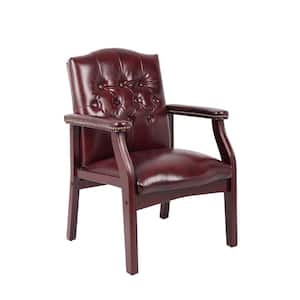 Oxblood Vinyl Traditional Style Guest Chair, Mahogany Wood Finish, Button Tufted, Padded Amrs