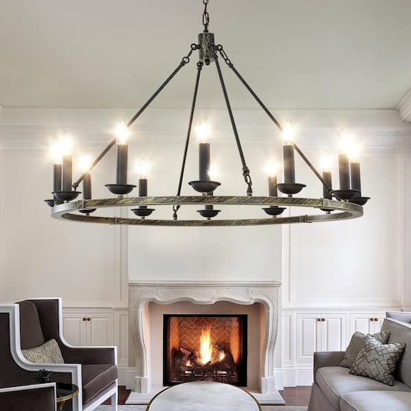 W37 in. 12-Light Modern Brushed Black and Gold Candelabra Chandelier Vintage Round Industrial Candle Pendant Light