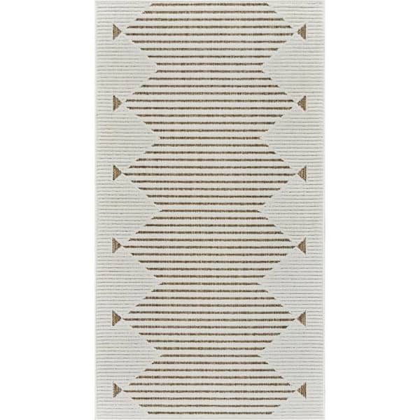 Beige, Brown 3 ft. x 5 ft. Woven Geometric Polypropylene Rectangle Indoor/Outdoor Area Rug