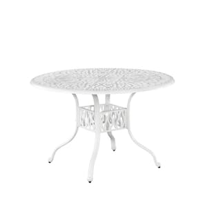 Capri White 48 in. 7-Piece Cast Aluminum Round Outdoor Dining Set with Umbrella with Gray Cushions