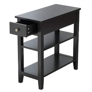 24 in. Black 24.5 in. 3-Tier Rectangular MDF End Table Nightstand with 1-Drawer and 2-Open Shelves