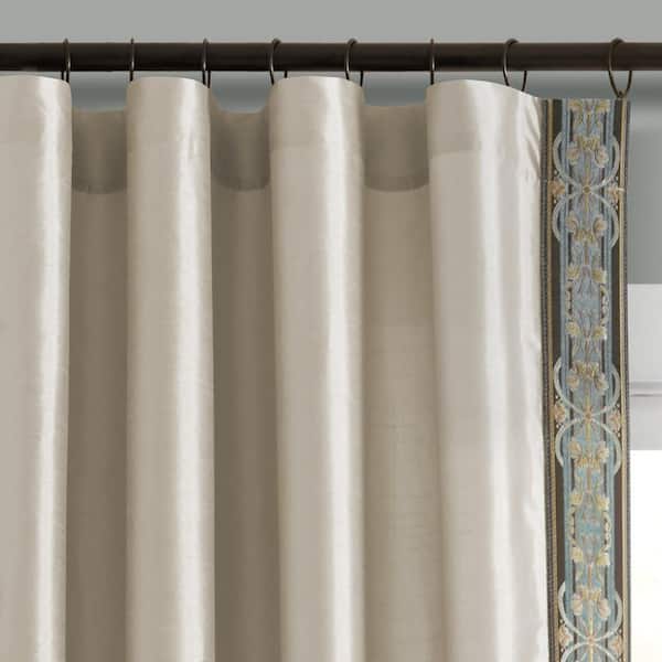 HOMEBOUTIQUE Luxury Traditional 52Wx84L Regency Faux Silk Border Light Filtering Window Curtain Panel in Neutral/Dusty Blue Single
