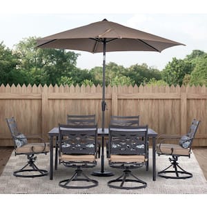 Montclair 7-Piece Steel Outdoor Dining Set with Tan Cushions, 6 Swivel Rockers, 40 in. x 66 in. Table and Umbrella