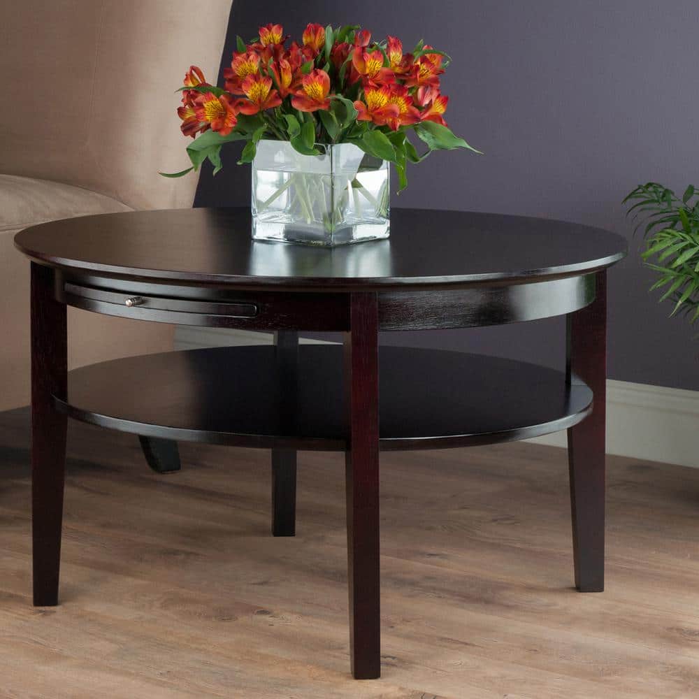 Traditional Amelia Round Espresso Wood Coffee Table with Storage