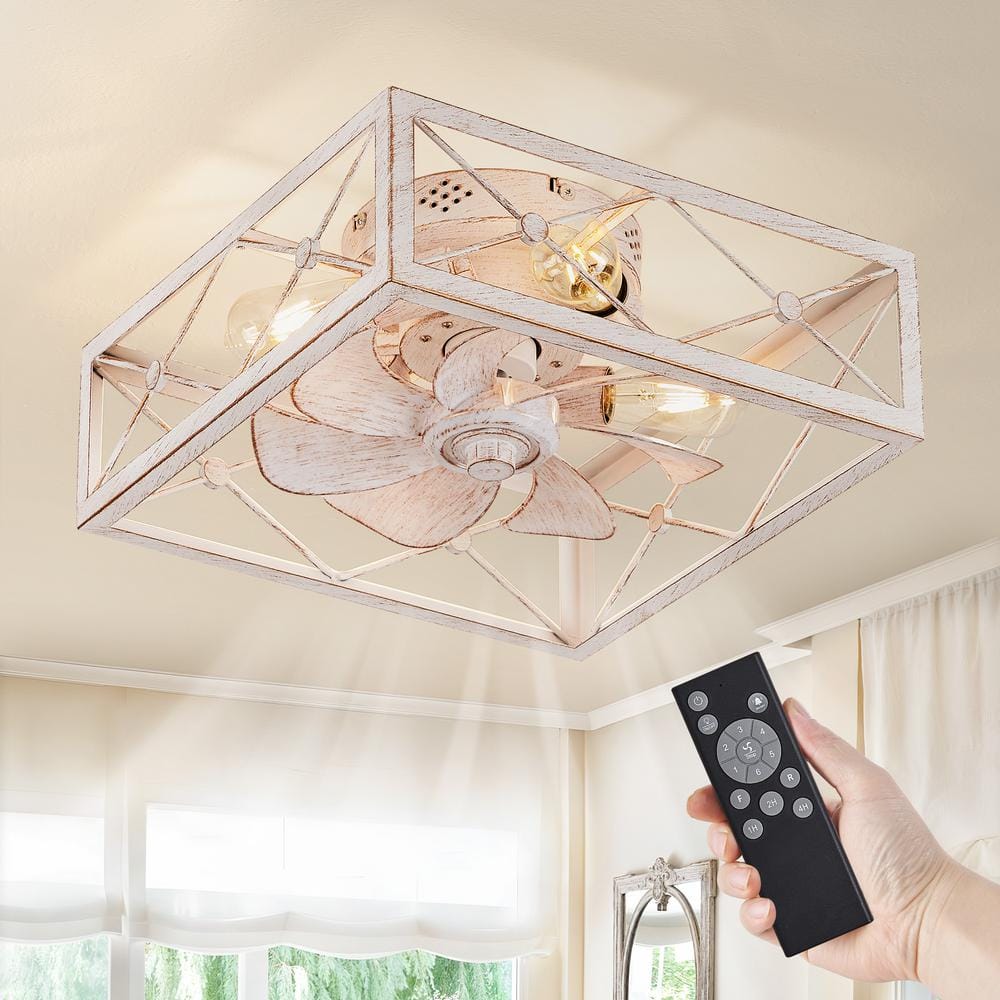 16" White Aluminum Caged Ceiling Fan with Light and Remote