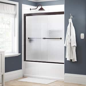 Traditional 59-3/8 in. W x 58-1/8 in. H Semi-Frameless Sliding Bathtub Door in Bronze with 1/4 in. Tempered Rain Glass