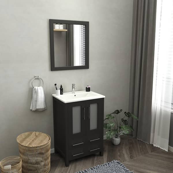 Vanity Art Brescia 24 in. W x 18.1 in. D x 35.8 in. H Single Basin Bathroom Vanity in Espresso with Top in White Ceramic and Mirror