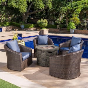 Zinnia Mixed Brown 5-Piece Faux Rattan Patio Fire Pit Set with Navy Blue Cushions