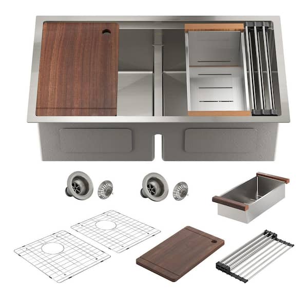 33 in. Undermount Double Bowl Brushed Stainless Steel Workstation Kitchen Sink with Integrated Ledge and Accessories