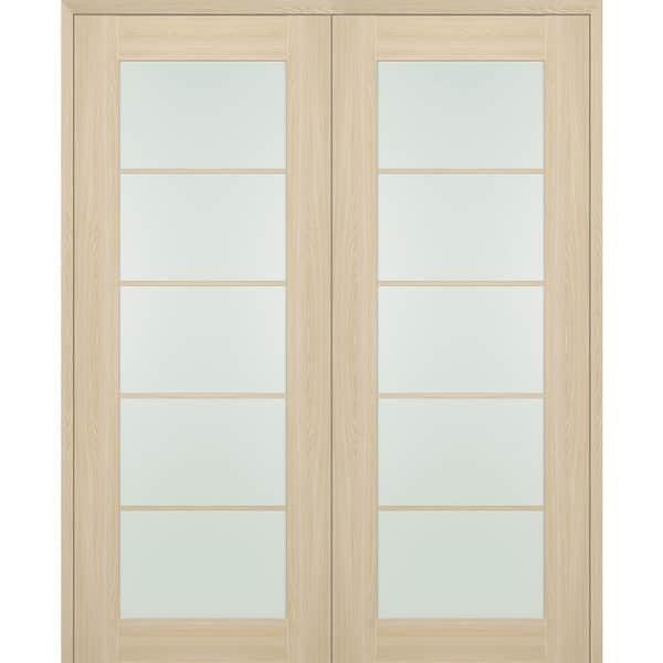 Vona 48 in. x 84 in. 5-Lite Both Active Frosted Glass Loire Ash Wood Composite Double Prehung French Door