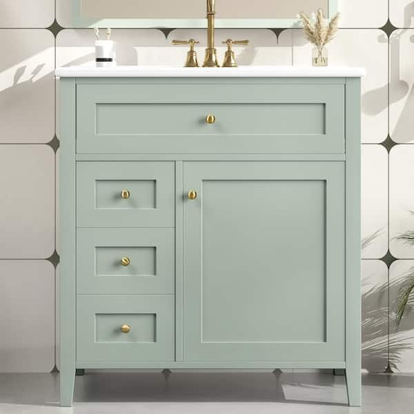 30 in. Green Bathroom Vanity with Sink - MDF and Rubberwood, 3 Drawers, Adjustable Shelf, Freestanding