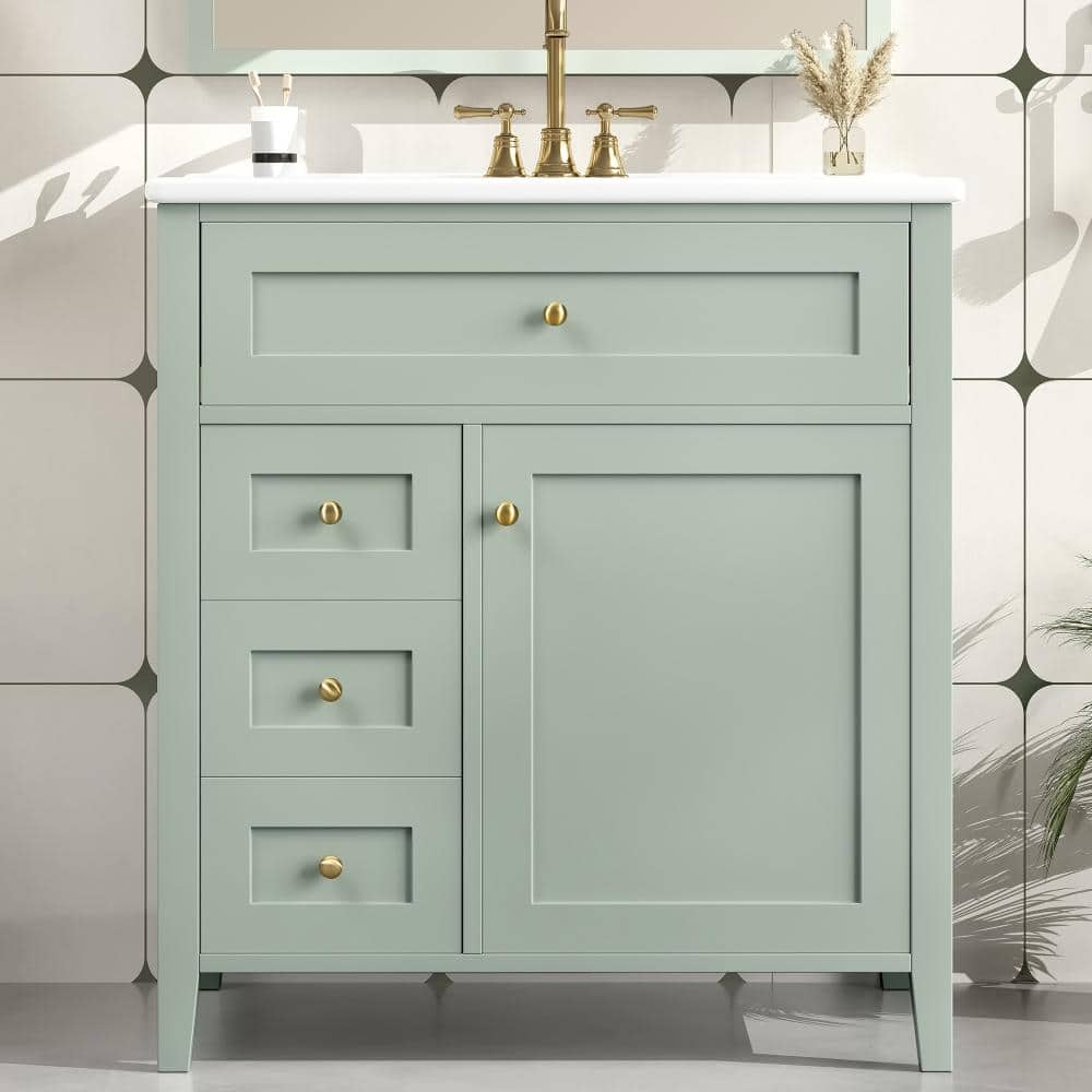 30 in. Single Sink Freestanding Green Solid Wood Frame Bath Vanity with White Ceramic Top, Adjustable Shelves price history on PriceWatchPro