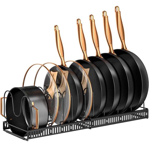 Expandable Pot and Pan Organizer Rack with 10 Adjustable Compartments for Cutting Board Cast-Iron Pan Heavy Cookware