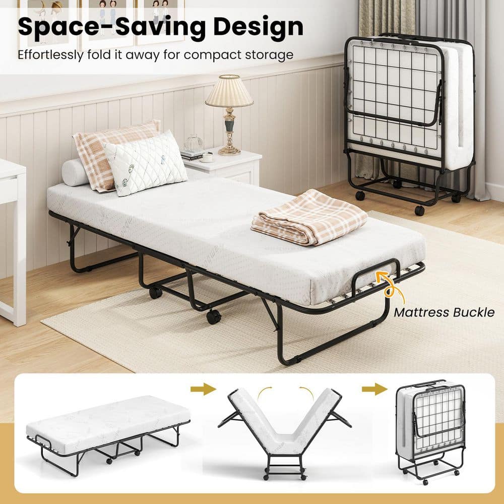White Twin Rollaway Bed with Memory Foam Mattress Cot Guest Made in Italy Folding - thumbnail 4