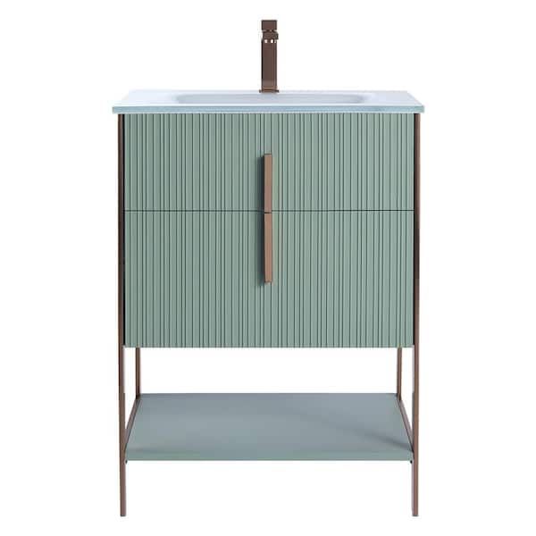 FINE FIXTURES 24 in. W x 18 in. D x 33.5 in. H Bath Vanity in Mint Green with Glass Single Hole Top with Rose Gold Hardware
