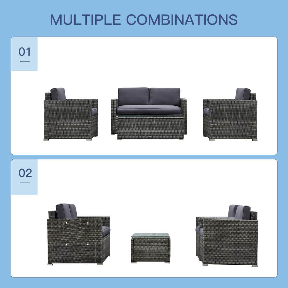 Gray 4-Piece Rattan Wicker Outdoor Furniture Set with Cushions