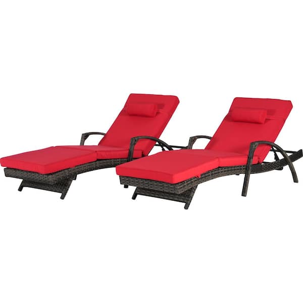 Outdoor Armchairs 2-Pieces Wicker and Metal Outdoor Recliner with Red Cushions