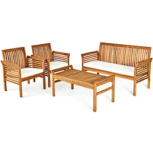 4-Piece Acacia Wood Outdoor Sofa Sectional Set Furniture Set with Baige Cushions and Coffee Table