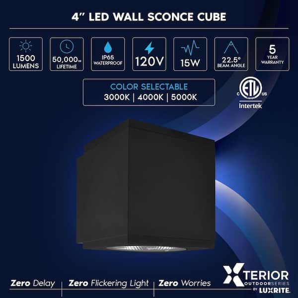 4 in. Black Outdoor LED Up or Down Cube Wall Sconce Light 3CCT 3000K-5000K 15-WattETL IP65 Waterproof (2-Pack)
