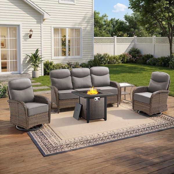 Moonridge 5-Piece Brown Wicker Fire Pit Conversation Set with 6 in. Olefin Gray Cushions / Metal Fire Pit Table