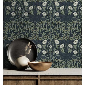 30.75 sq. ft. Navy & Sage Stenciled Floral Vinyl Peel and Stick Wallpaper Roll