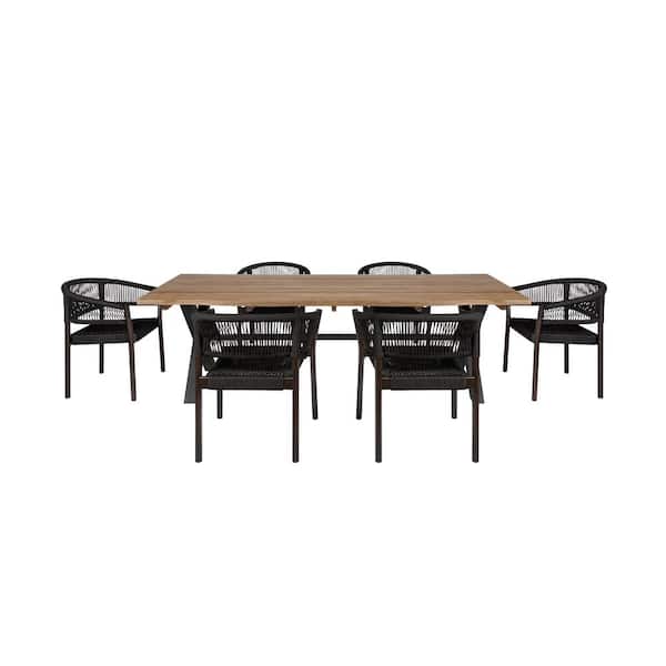 Armen Living Glendora and Doris Dark Brown 7-Piece Eucalyptus Wood Rectangle Outdoor Dining Set