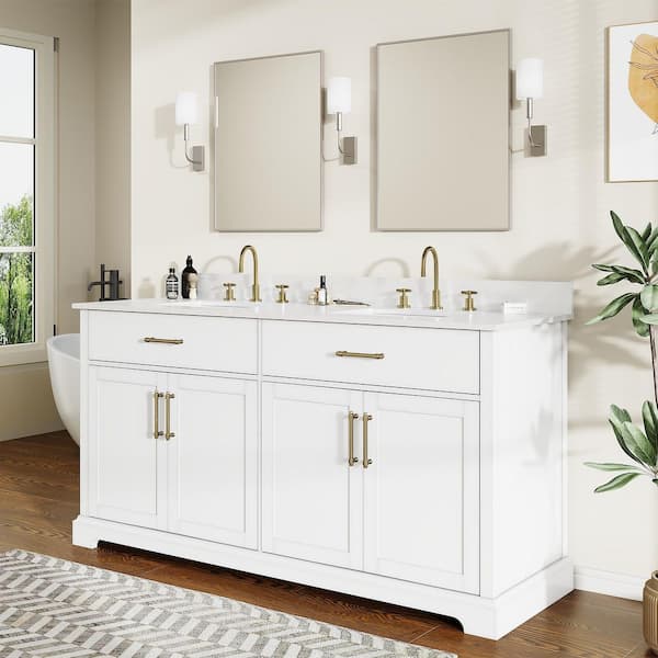 Amazonベーシック パイン無垢材プラットフォーム　 ダブル　ホワイト JEAREY 60 in. White Wood Double Sink Freestanding Bathroom Vanity