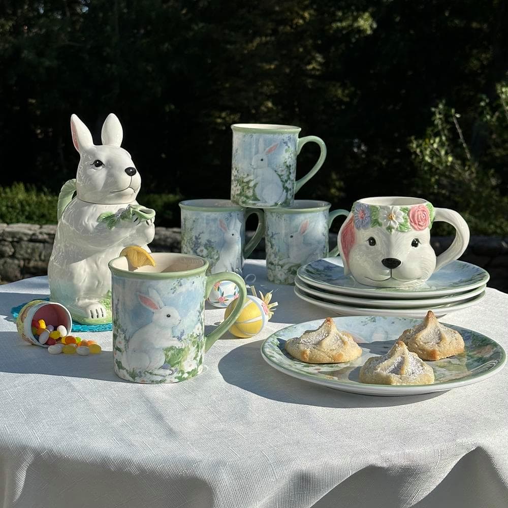 Springtime Bunny Blue Ceramic 18 oz Mugs, Set of 4
